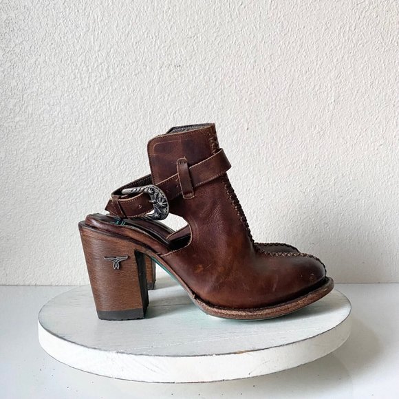 Lane Hailey Halfsie Western Bootie Sz 7.5 Brown Cowboy Round Toe Ankle Strap - Picture 2 of 9